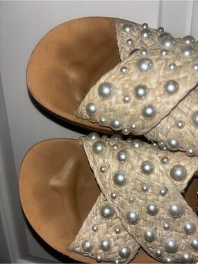 Pearl-Embellished Woven Slide Sandals in Natural